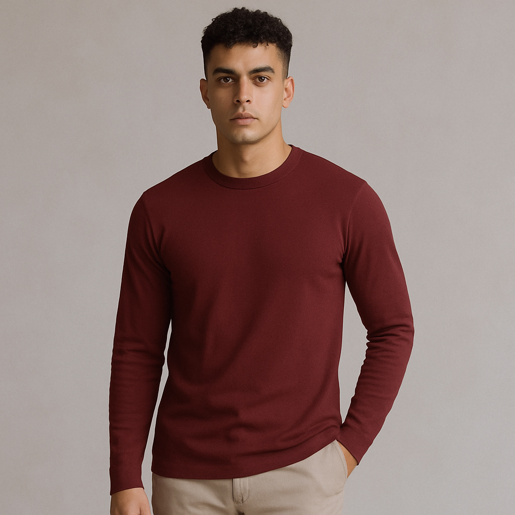 T-shirts men online in Pakistan – Maroon full sleeves cotton-poly t-shirt by Mekasually