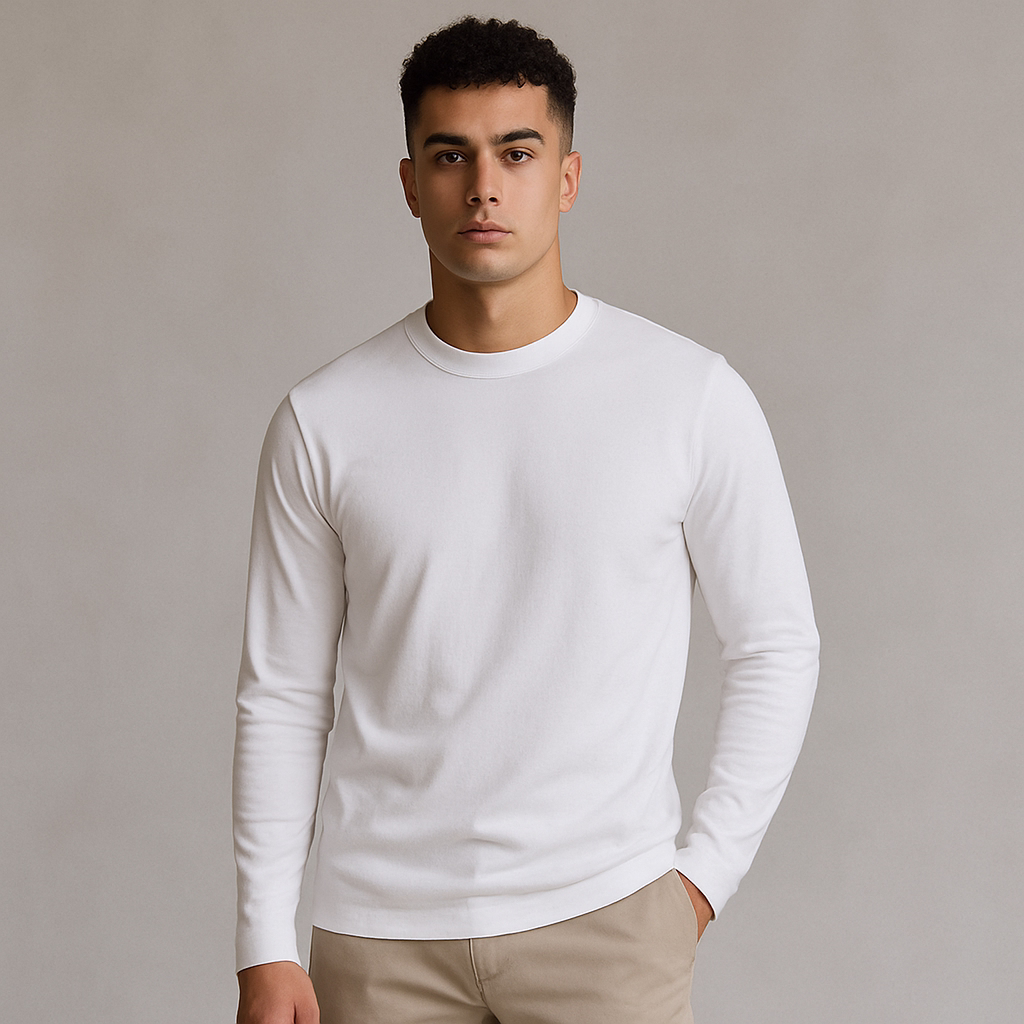 T-shirts men online in Pakistan – White full sleeves cotton-poly t-shirt by Mekasually”