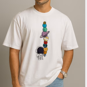 White graphic t-shirt online with astronaut planets print – Mekasually