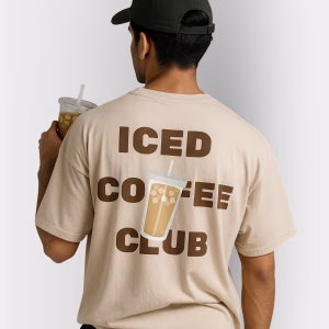 Beige printed oversized t-shirt online with ICED COFFEE CLUB back print – Mekasually