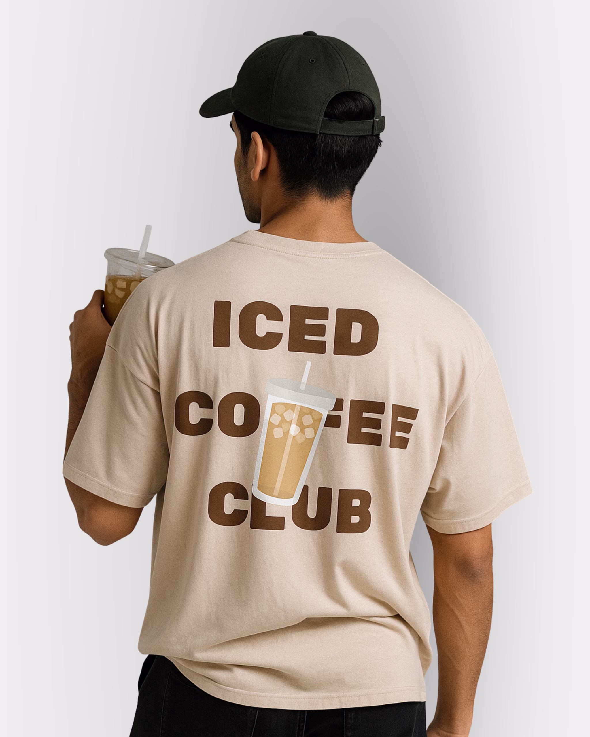 Beige printed oversized t-shirt online with ICED COFFEE CLUB back print – Mekasually