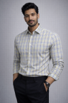 A man wearing a Mekasually yellow and grey checkered cotton formal shirt with a classic regular fit and spread collar.