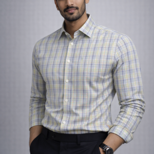 A man wearing a Mekasually yellow and grey checkered cotton formal shirt with a classic regular fit and spread collar.