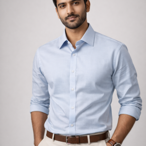 crisp light blue formal cotton shirt with a stiff spread collar and button cuffs.