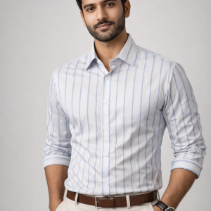 light blue and cream multi-striped cotton formal shirt with a spread collar