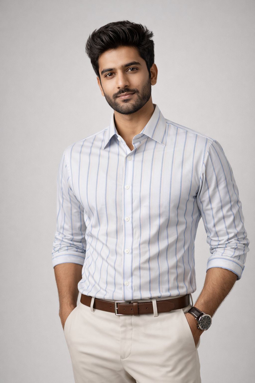 light blue and cream multi-striped cotton formal shirt with a spread collar