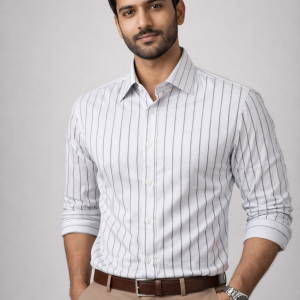 A man in a Mekasually white formal shirt featuring delicate vertical black stripes and a crisp spread collar.