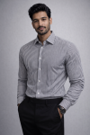 A man wearing a Mekasually slate grey formal shirt with vertical white stripes in a professional regular fit.