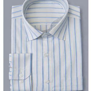 Folded light blue and cream multi-striped cotton formal shirt with a spread collar