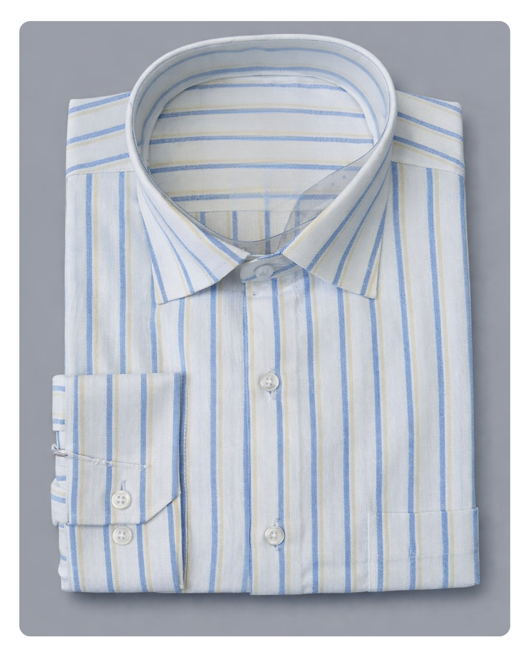 Folded light blue and cream multi-striped cotton formal shirt with a spread collar