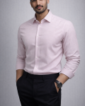 A man wearing pink and white checkered cotton shirt with a button-down collar and regular fit.