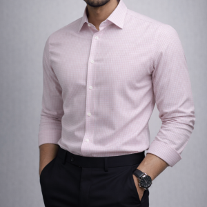 A man wearing pink and white checkered cotton shirt with a button-down collar and regular fit.