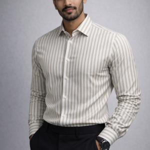 A man wearing a Mekasually formal shirt with vertical brown and cream stripes in a classic regular fit.