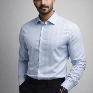 A man wearing a Mekasually light blue formal shirt with fine vertical white stripes and a classic regular fit.