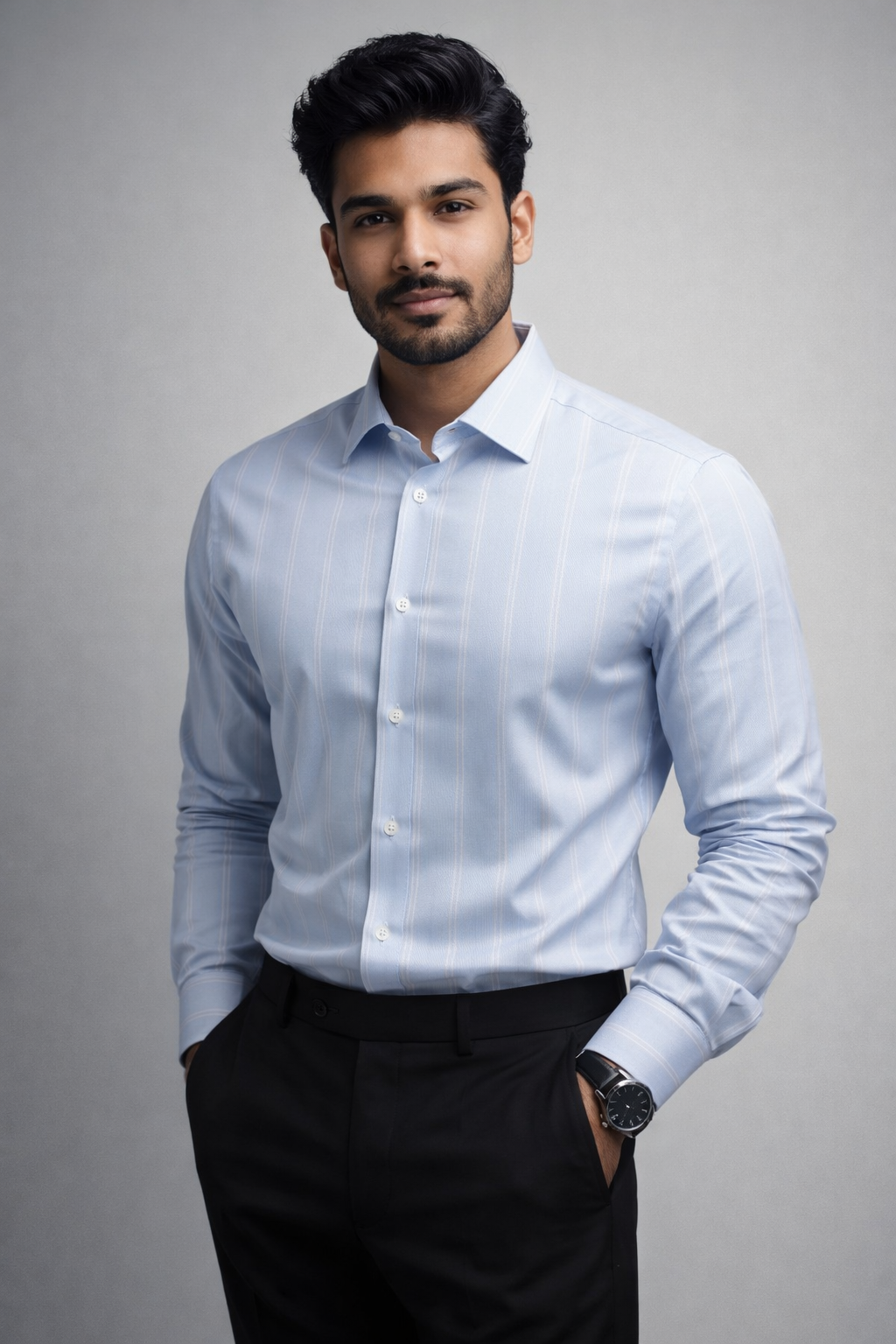 A man wearing a Mekasually light blue formal shirt with fine vertical white stripes and a classic regular fit.