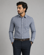 Navy White Tan Plaid Formal Shirt