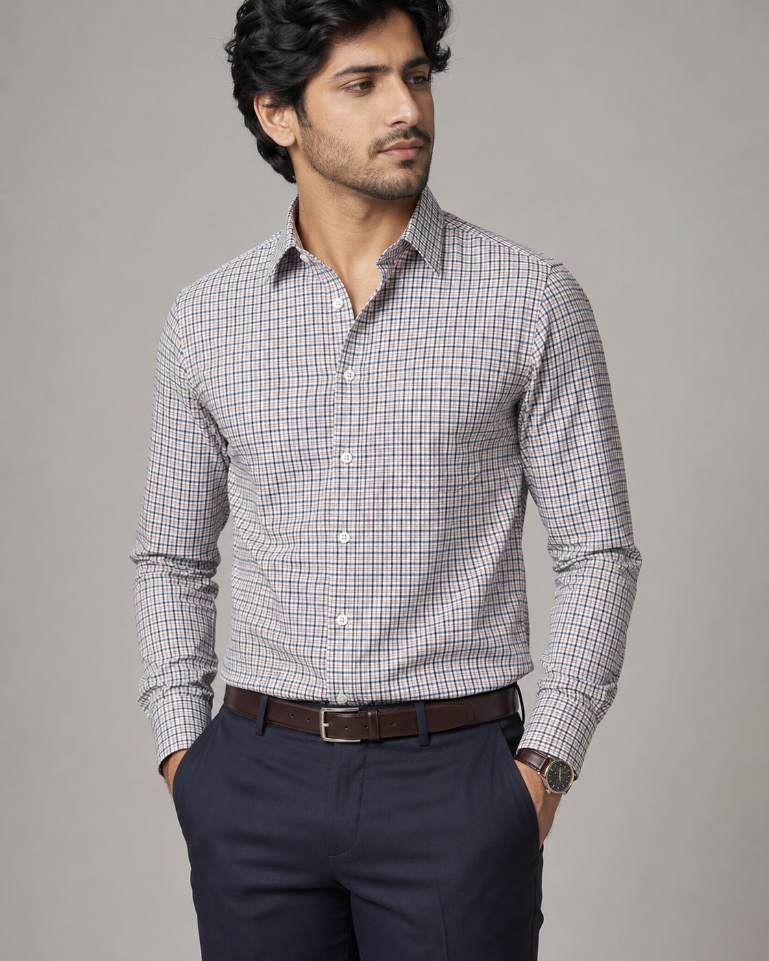 TSH-FS-22 full Grey White Micro-Check Formal Shirt - Image 1
