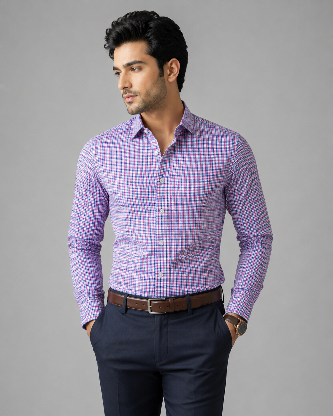 TSH-FS-27 full Red White Blue Gingham Formal Shirt - Image 1