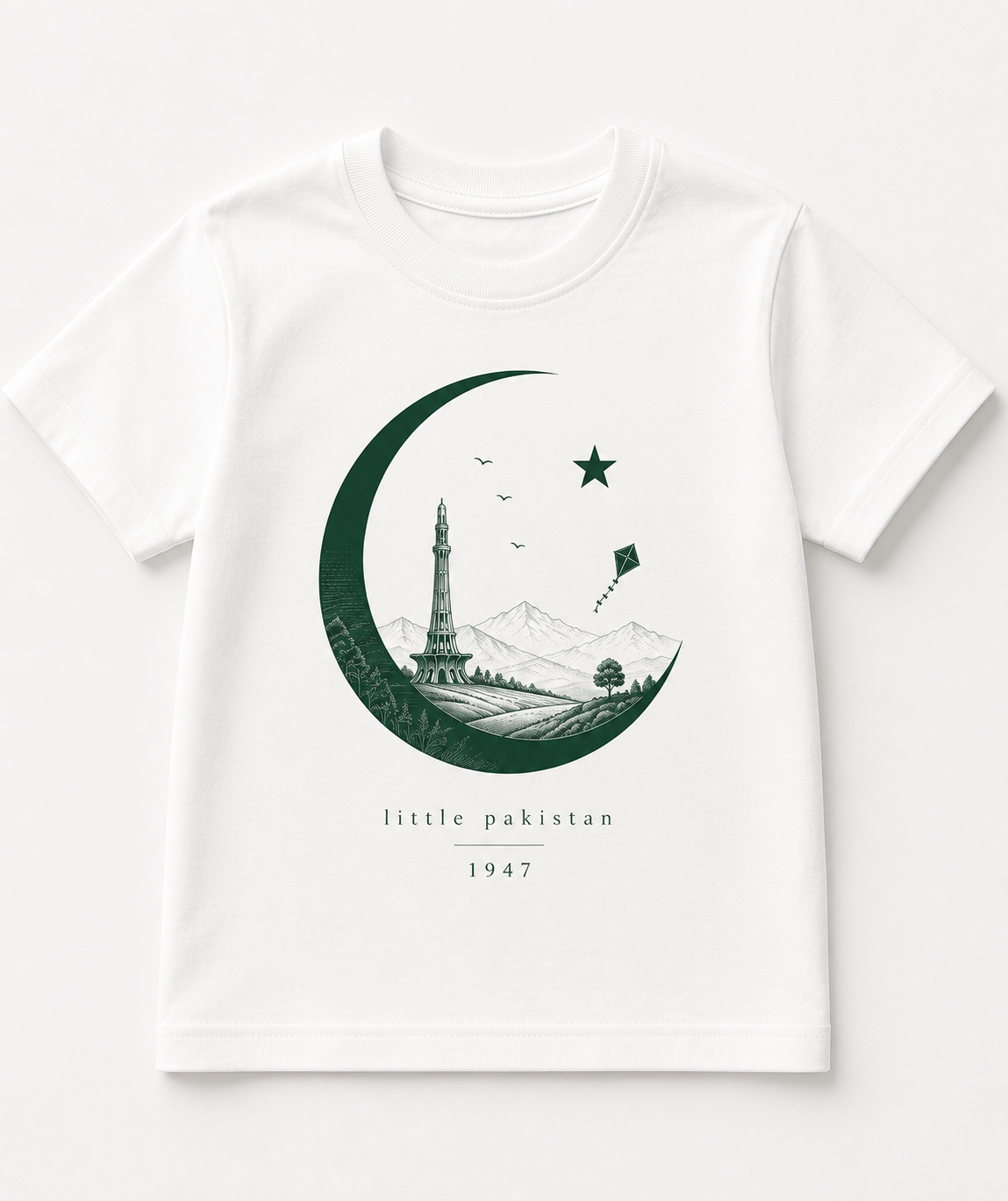 14th August kids tshirt with minar e Pakistan and cresent graphic